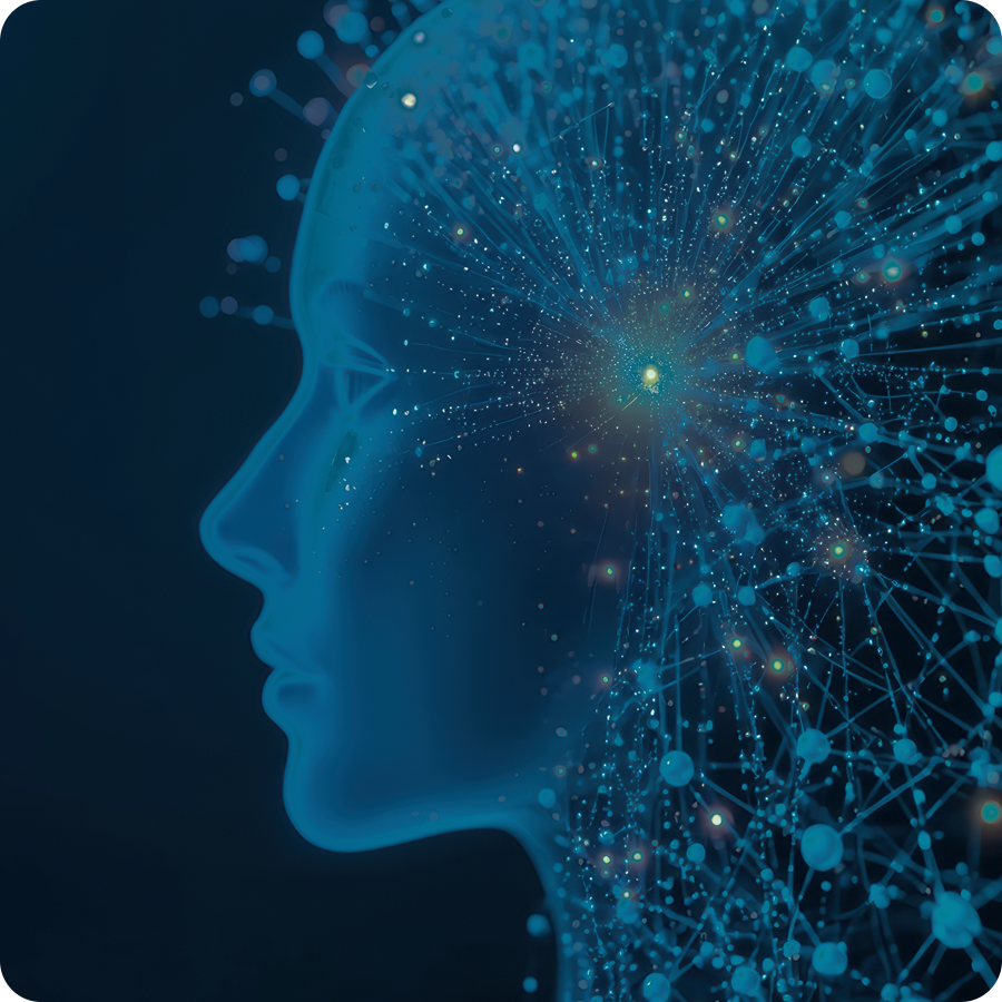 lue neural network profile with glowing nodes and connections conveying technological insight