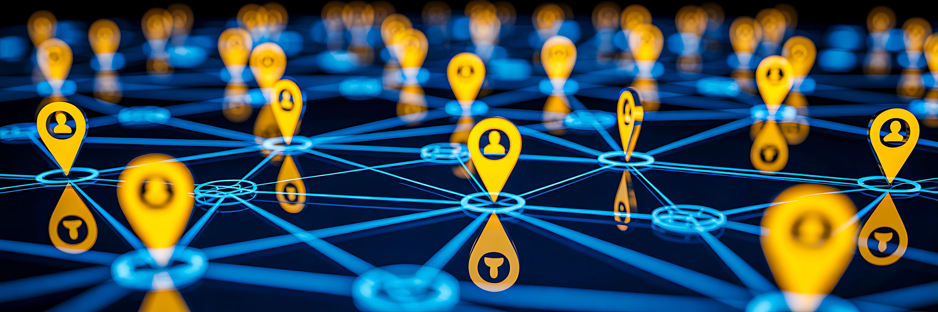 digital network with glowing location pins and connected people