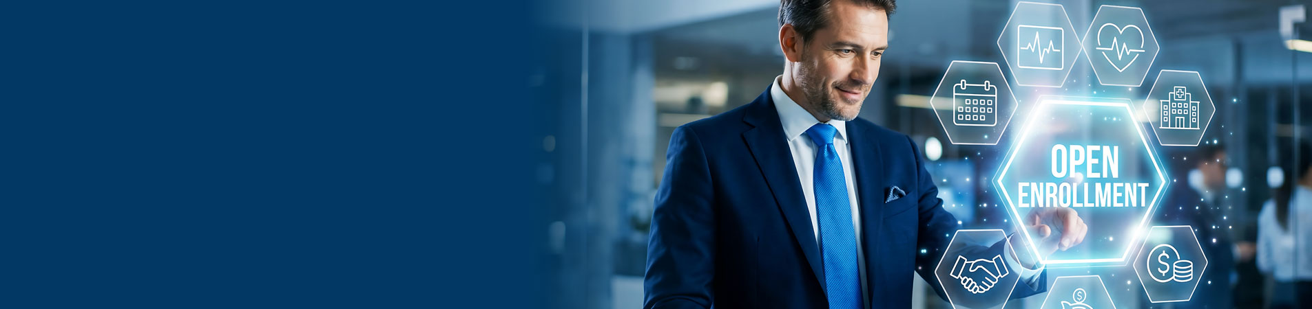 businessman interacting with a digital interface displaying open enrollment and healthcare icons