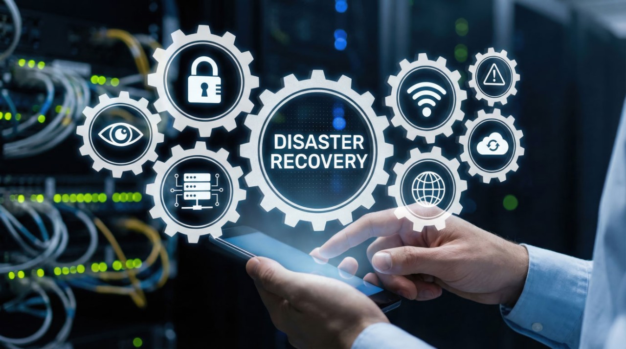 Disaster recovery concept in data center with digital icons, cybersecurity, cloud backup and crisis management solutions for IT infrastructure