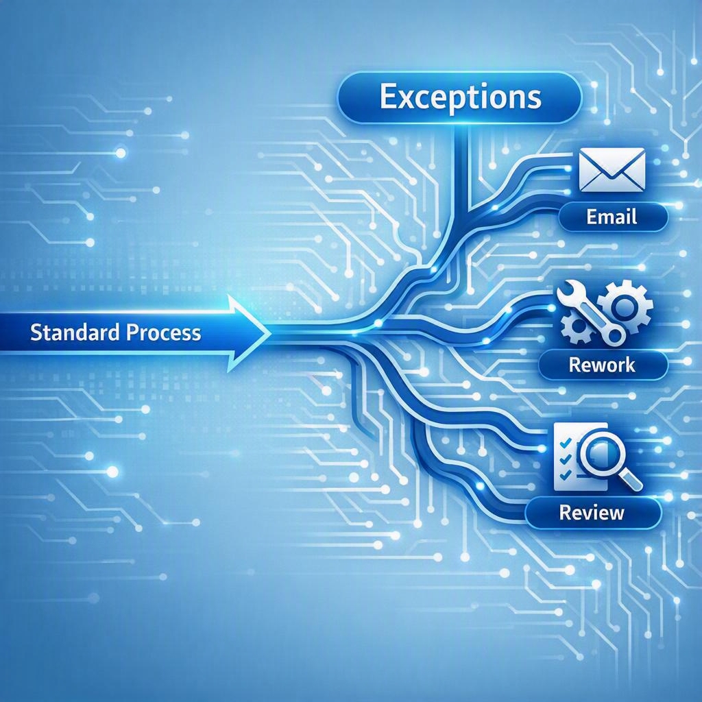 illustration of how small exception rates create branching work and handoffs